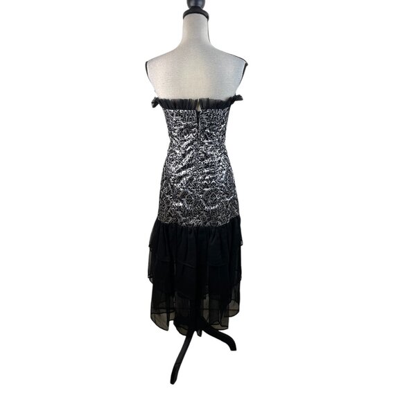 Strapless Black & Silver Damask Ruffled Hem Cocktail Dress Vintage Prom HOCO - Picture 4 of 11